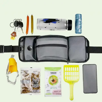 Black Portable Dog Training Bag - Multi-Function Pet Snack Pouch, Waste Bag Holder, and Training Waist Bag for Dog Walking and Outdoor Adventures.