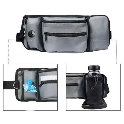 Black Portable Dog Training Bag - Multi-Function Pet Snack Pouch, Waste Bag Holder, and Training Waist Bag for Dog Walking and Outdoor Adventures.