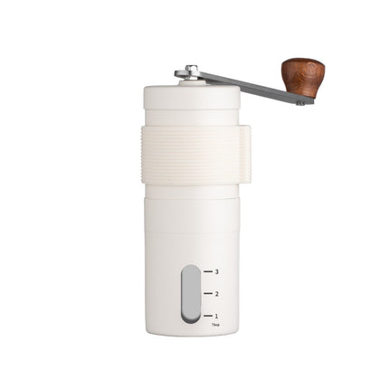 White Portable Stainless Steel Coffee Grinder - Manual Hand-Cranked Coffee Mill, Heavy-Duty Burr Grinder for Fresh Coffee Beans.