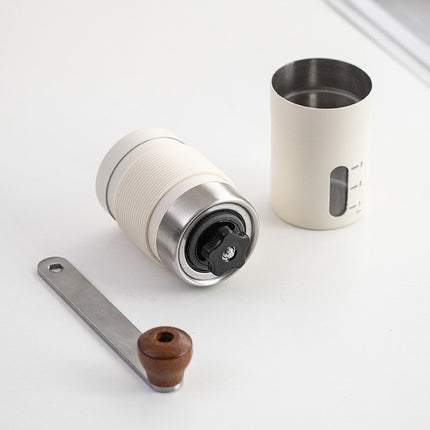 White Portable Stainless Steel Coffee Grinder - Manual Hand-Cranked Coffee Mill, Heavy-Duty Burr Grinder for Fresh Coffee Beans.