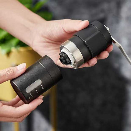 White Portable Stainless Steel Coffee Grinder - Manual Hand-Cranked Coffee Mill, Heavy-Duty Burr Grinder for Fresh Coffee Beans.