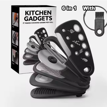 Stackable Kitchen Tool Set - Multi-Function Grater, Herb Cutter, Garlic Press, Can Opener, Cheese Grater, Pizza Cutter & Spice Set.