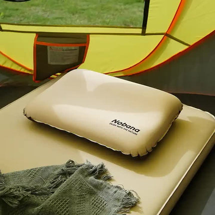 Black Automatic Inflatable 3D Outdoor Sponge Pillow - Portable Camping Travel Neck Cushion, Comfortable Air Mattress for Tent, Versatile Nap Pillow.