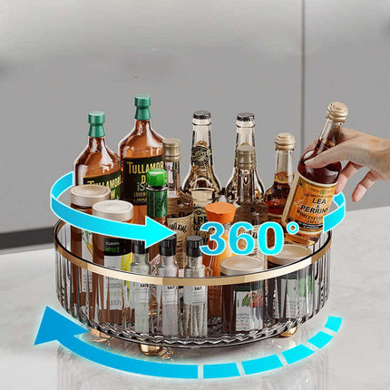 Grey Luxury Rotating Storage Rack - Transparent Spice Organizer & Condiment Holder for Kitchen and Living Room, Desktop Rotating Tray for Efficient Storage.