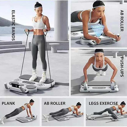 Grey 6-in-1 Multifunctional Fitness Board – Ab Wheel, Automatic Rebound, Fat Burning and Core Strengthening Home Workout Equipment.
