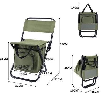 Green Portable 3-in-1 Folding Camping Chair with Storage Bag, Backrest, and Insulated Cooler for Outdoor Fishing, Hiking, and Picnics.