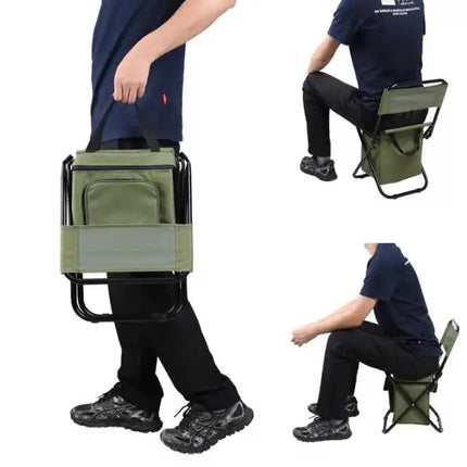 Green Portable 3-in-1 Folding Camping Chair with Storage Bag, Backrest, and Insulated Cooler for Outdoor Fishing, Hiking, and Picnics.