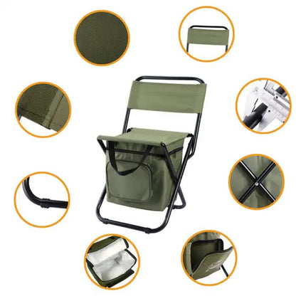 Green Portable 3-in-1 Folding Camping Chair with Storage Bag, Backrest, and Insulated Cooler for Outdoor Fishing, Hiking, and Picnics.