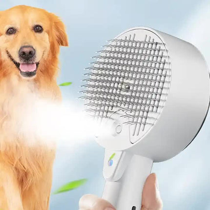 White Pet Grooming Spray and Massage Brush | One-Click Hair Removal Comb for Cats & Dogs | UV Sterilization for Mites Control.