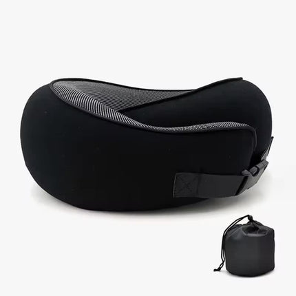 Black Buckle Tape Memory Foam U-Shaped Neck Pillow - Snail Travel Cushion for Airplane, Office Nap, and Travel - Adjustable with Magnetic Therapy Cloth.
