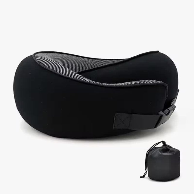 Black Buckle Tape Memory Foam U-Shaped Neck Pillow - Snail Travel Cushion for Airplane, Office Nap, and Travel - Adjustable with Magnetic Therapy Cloth.