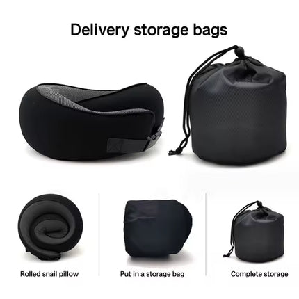 Black Buckle Tape Memory Foam U-Shaped Neck Pillow - Snail Travel Cushion for Airplane, Office Nap, and Travel - Adjustable with Magnetic Therapy Cloth.