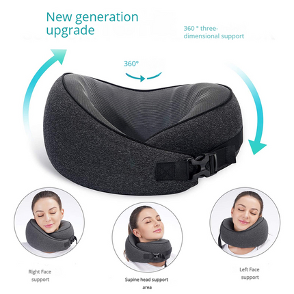 Black Buckle Tape Memory Foam U-Shaped Neck Pillow - Snail Travel Cushion for Airplane, Office Nap, and Travel - Adjustable with Magnetic Therapy Cloth.
