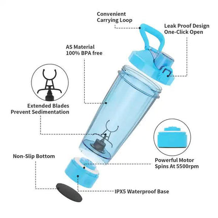 Pink Portable Electric Shaker Bottle without LED Light, 550ml Sports Protein Mixer Cup for Gym and Travel.
