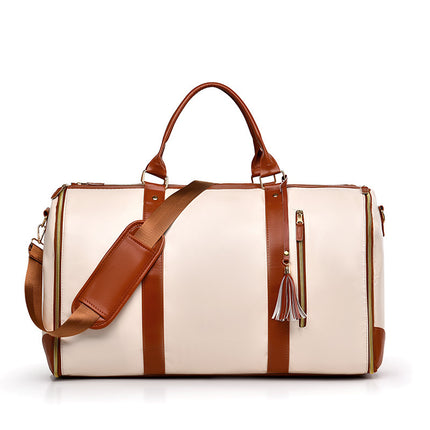 White And Brown  PU Leather Foldable Garment Bag, Women's Travel Duffel with Suit Carrier, Multi-Function Storage.