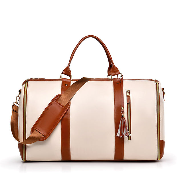 White And Brown  PU Leather Foldable Garment Bag, Women's Travel Duffel with Suit Carrier, Multi-Function Storage.