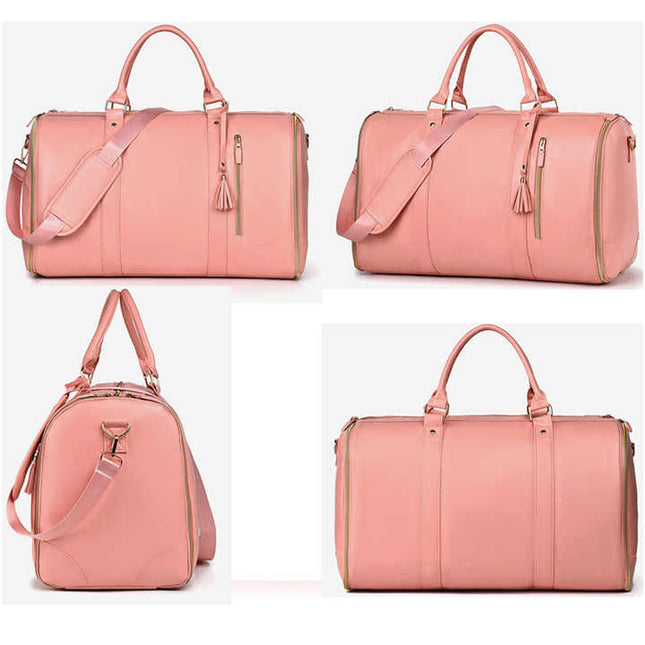 White And Brown  PU Leather Foldable Garment Bag, Women's Travel Duffel with Suit Carrier, Multi-Function Storage.