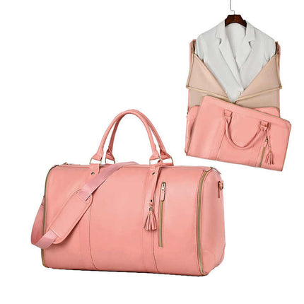 White And Brown  PU Leather Foldable Garment Bag, Women's Travel Duffel with Suit Carrier, Multi-Function Storage.