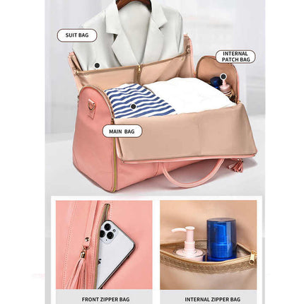White And Brown  PU Leather Foldable Garment Bag, Women's Travel Duffel with Suit Carrier, Multi-Function Storage.