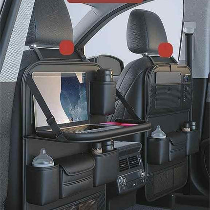 Black Car Seat Back Organizer with Foldable Tray, Leather Backseat Storage Bag, Multi-Pocket Vehicle Organizer.