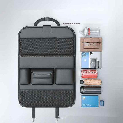 Black Car Seat Back Organizer with Foldable Tray, Leather Backseat Storage Bag, Multi-Pocket Vehicle Organizer.