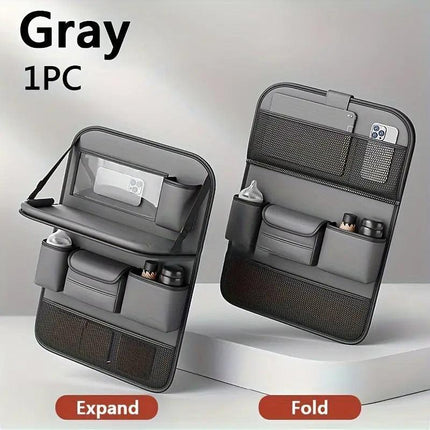 Grey Car Seat Back Organizer with Foldable Tray, Leather Backseat Storage Bag, Multi-Pocket Vehicle Organizer.