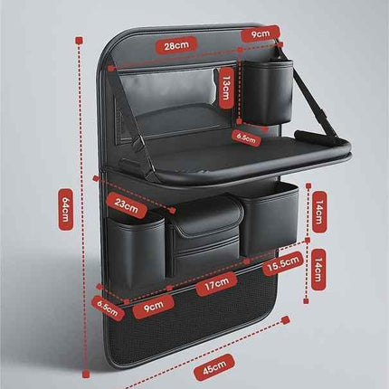 Grey Car Seat Back Organizer with Foldable Tray, Leather Backseat Storage Bag, Multi-Pocket Vehicle Organizer.