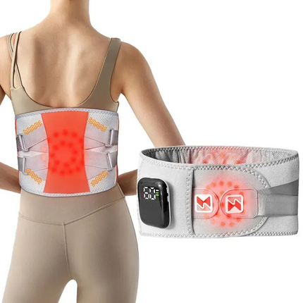 Grey And Orange Wireless Heated Waist Massager with Lumbar Support – Smart Back Pain Relief Device.