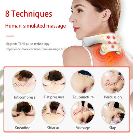 White Portable Electric Neck Massager – Intelligent Pulse Therapy with Heat and 4 Massage Heads.