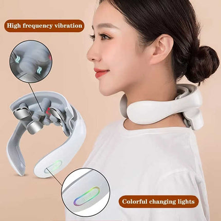 White Portable Electric Neck Massager – Intelligent Pulse Therapy with Heat and 4 Massage Heads.