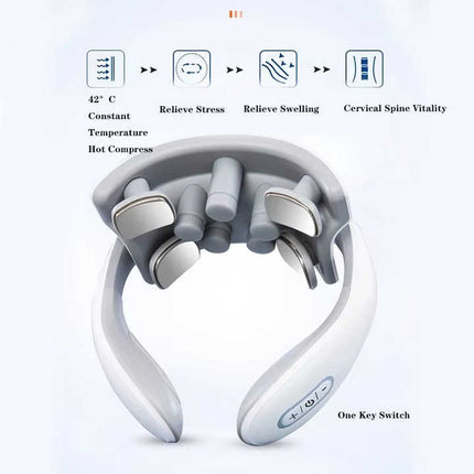 White Portable Electric Neck Massager – Intelligent Pulse Therapy with Heat and 4 Massage Heads.