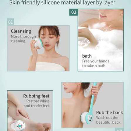 Green Electric Bath Brush & Multi-Functional Massager - Long Handle Waterproof Body Cleansing Tool.