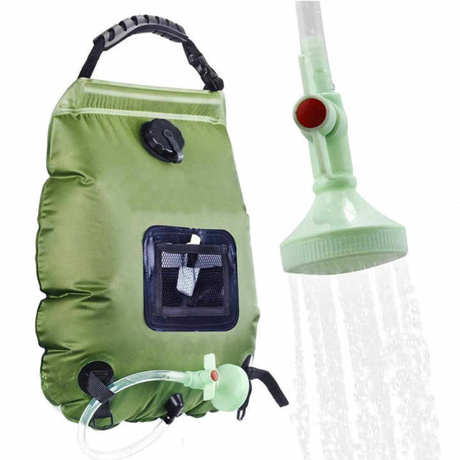 Green Portable Solar Camping Shower Bag, Foldable 20L Outdoor Water Storage Bag with Temperature Display for Easy Use.