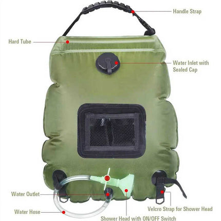 Green Portable Solar Camping Shower Bag, Foldable 20L Outdoor Water Storage Bag with Temperature Display for Easy Use.
