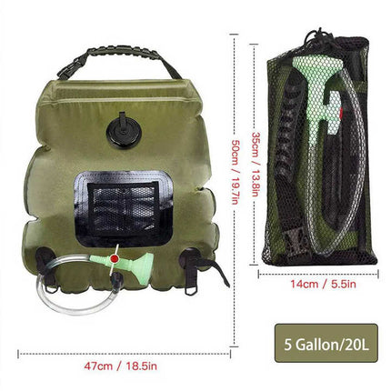 Green Portable Solar Camping Shower Bag, Foldable 20L Outdoor Water Storage Bag with Temperature Display for Easy Use.