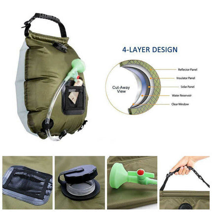 Green Portable Solar Camping Shower Bag, Foldable 20L Outdoor Water Storage Bag with Temperature Display for Easy Use.