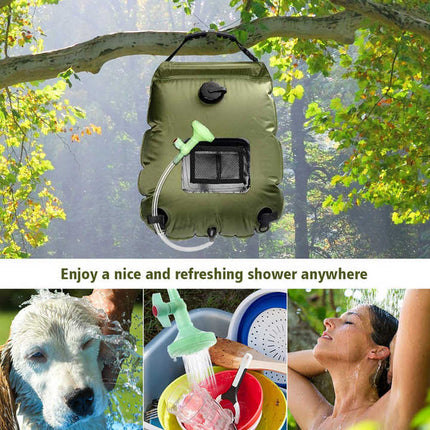Green Portable Solar Camping Shower Bag, Foldable 20L Outdoor Water Storage Bag with Temperature Display for Easy Use.