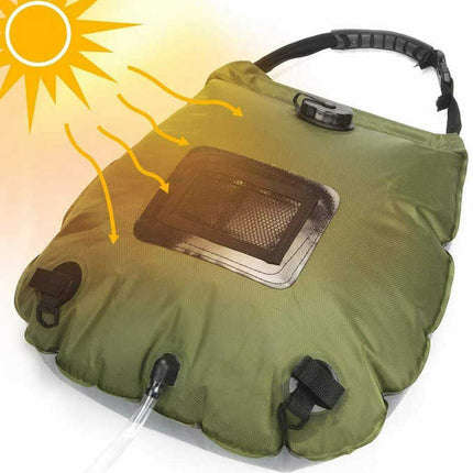 Green Portable Solar Camping Shower Bag, Foldable 20L Outdoor Water Storage Bag with Temperature Display for Easy Use.