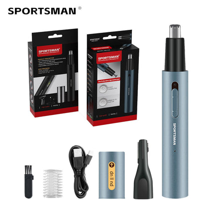 Light Blue Electric Nose Hair Trimmer with Sideburn Cutter - Portable USB Rechargeable Grooming Kit.