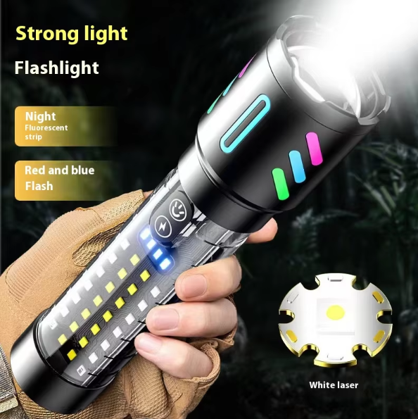 LED Rechargeable Laser Flashlight – Multifunctional Type-C Strong Light Torch with Adjustable Zoom.