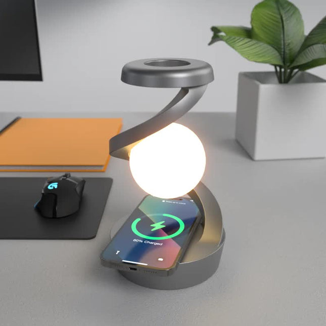 Grey 360° Rotating Floating Night Light | 7-Color RGB Atmosphere Light | USB Rechargeable for Bedroom, Bedside, Desk, Camping, and Party Décor.