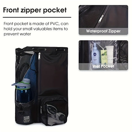 Green Mesh Drawstring Swim Backpack with Wet Pocket - Lightweight Beach, Gym, Outdoor Sports Bag - 245g.
