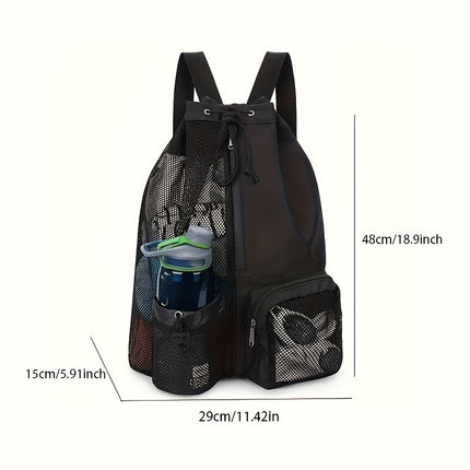 Green Mesh Drawstring Swim Backpack with Wet Pocket - Lightweight Beach, Gym, Outdoor Sports Bag - 245g.