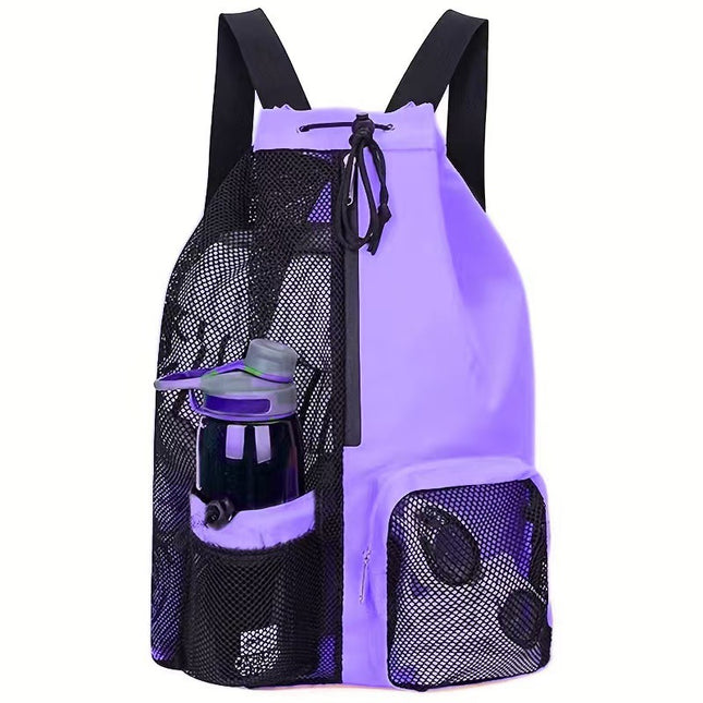 Purple Mesh Drawstring Swim Backpack with Wet Pocket - Lightweight Beach, Gym, Outdoor Sports Bag - 245g.