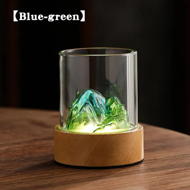 Blue-green Glass Mountain Ambient Night Light – USB Rechargeable Touch Control Bedside Lamp – Adjustable 3-Color Light.