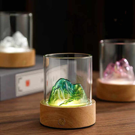 Blue-green Glass Mountain Ambient Night Light – USB Rechargeable Touch Control Bedside Lamp – Adjustable 3-Color Light.