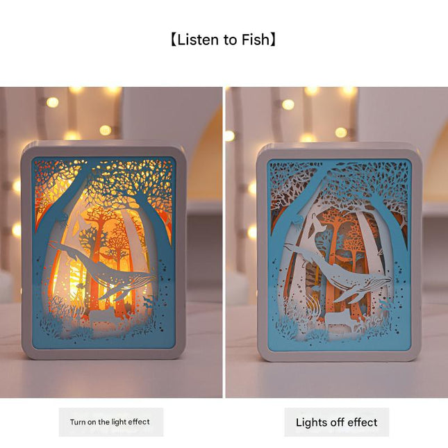 Listening To Fish Style 3D Paper Carving Night Light - USB Or Battery Powered Decorative Bedside Lamp | Atmosphere Lamp for Bedroom | Creative Starry Night and Little Prince Design Gift.