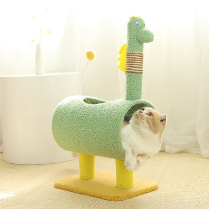 Green Dinosaur-Theme Cat Tree with Tunnel - Multi-Functional Cat Scratching Post and Playhouse.