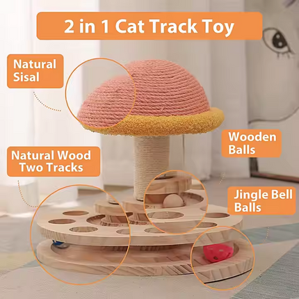 Large Pink Interactive Cat Scratching Post with Ball Track – Fun Mushroom-Shaped Cat Toy for Play, Scratching, and Entertainment.