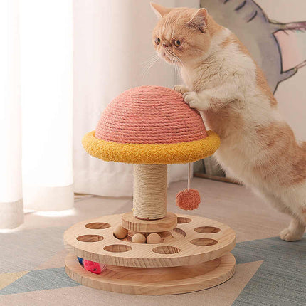 Large Pink Interactive Cat Scratching Post with Ball Track – Fun Mushroom-Shaped Cat Toy for Play, Scratching, and Entertainment.